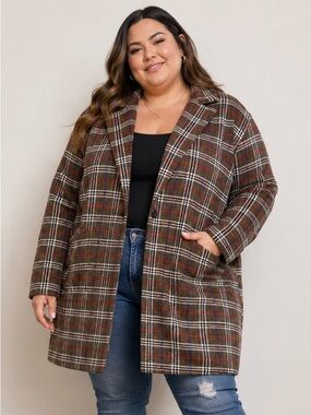 Urban Republic Plaid Longline Coat Jacket Brown Red Button Front Plus Size 2X